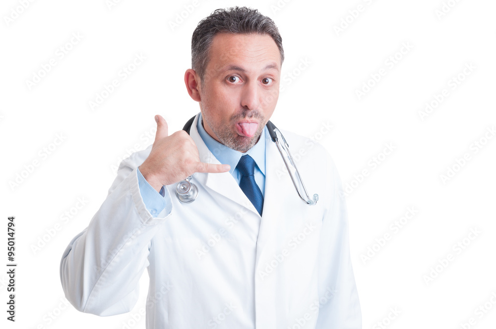 Friendly pediatrician making funny face and contact us gesture Friendly pediatrician making funny face and contact us gesture