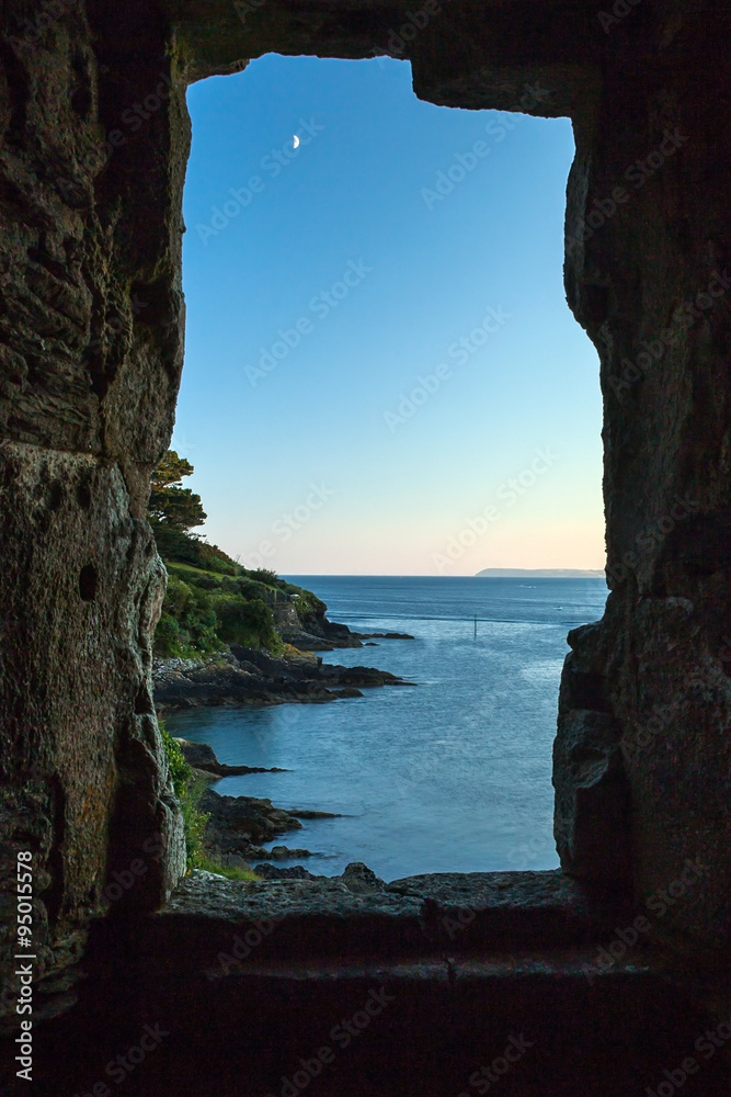 View of Polruan Harbour through the Castle, Cornwall.
