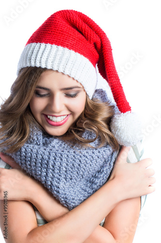 Christmas Santa hat isolated woman portrait.