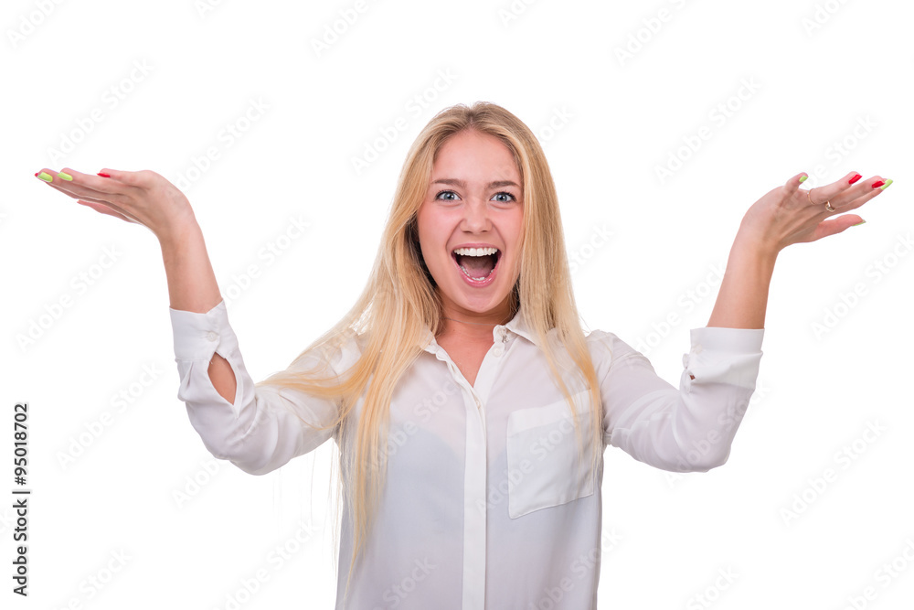 Closeup portrait of surprised young lady isolated on white