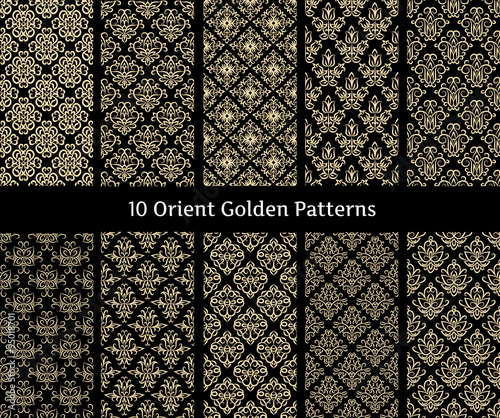 Collection of orient golden vector patterns on black background.