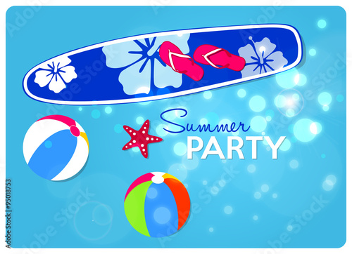 summer holidays, surfboard, starfish, a pair of flip flop and beach balls on a blue shining tropical water 