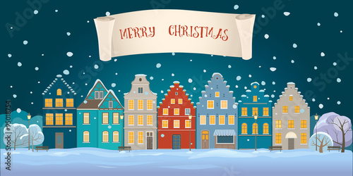 Panoramic view of old houses in winter night