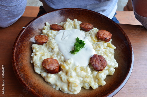 Haluszki noodles with bryndza and cream, from Slovakia
