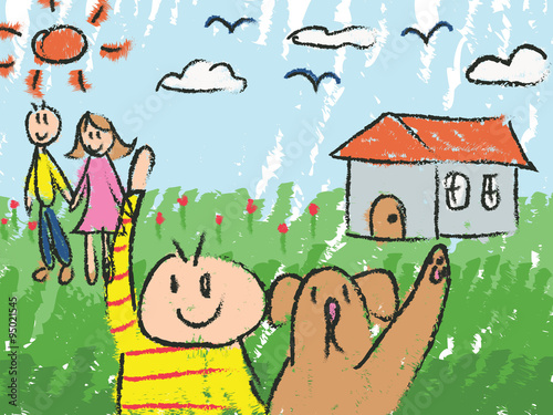 Kindergarten children drawing cartoon  boy with pet dog family mother and father and house in nature field background, created by vector