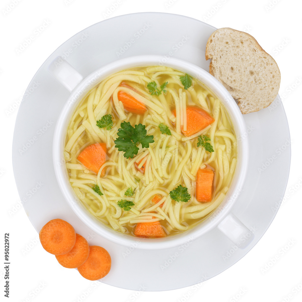 Nudelsuppe Suppe Brühe in Suppenschüssel Freisteller von oben Nudelsuppe Suppe Brühe in Suppenschüssel Freisteller von oben