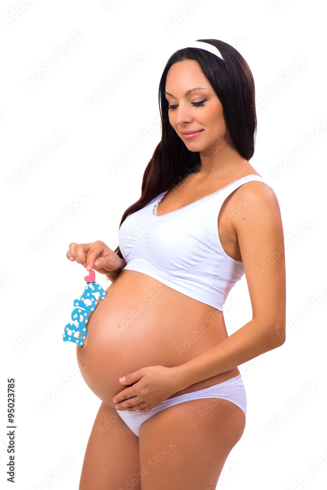 Happy pregnancy. Pregnant woman waiting for the firstborn. Blue label Happy pregnancy. Pregnant woman waiting for the firstborn. Blue label
