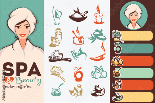 beautiful cartoon woman and natural spa icons, emblems and backg