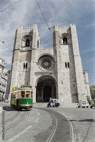 retro tram on the street in Lisbon, Portugal