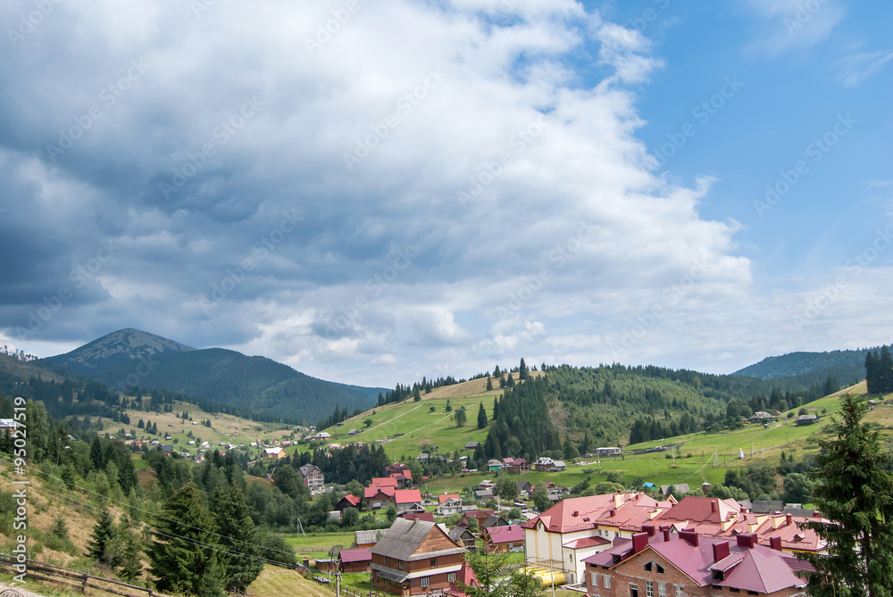 View of Ukraine village Polyanitsa in the Carpathian Mountains