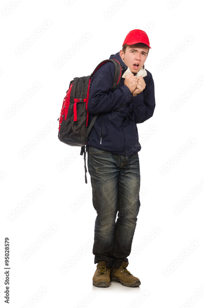 Young traveller with backpack isolated on white