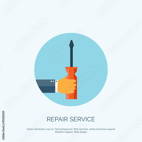 Vector illustration. Flat background with hand and wrench. Repair tools. Settings