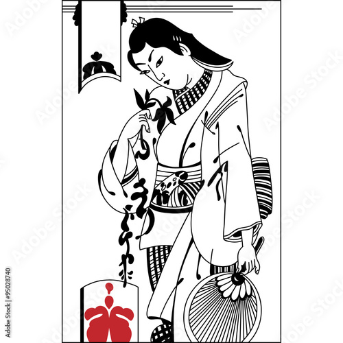 Broken heart. The vector illustration of sad samurai. Vintage ha