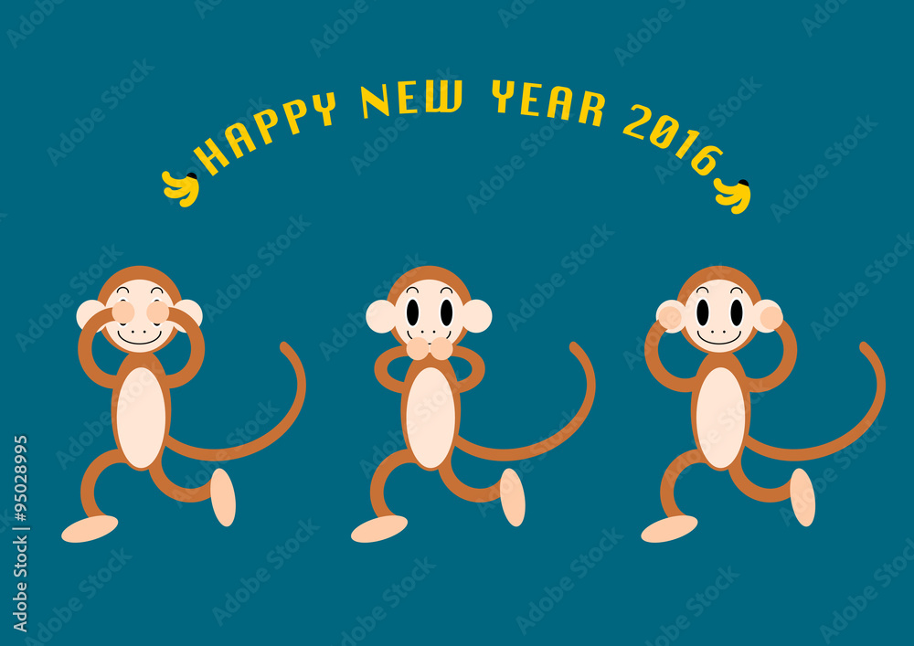 16年 年賀状 見猿聞か猿言わ猿 申年 青 Stock Vector Adobe Stock