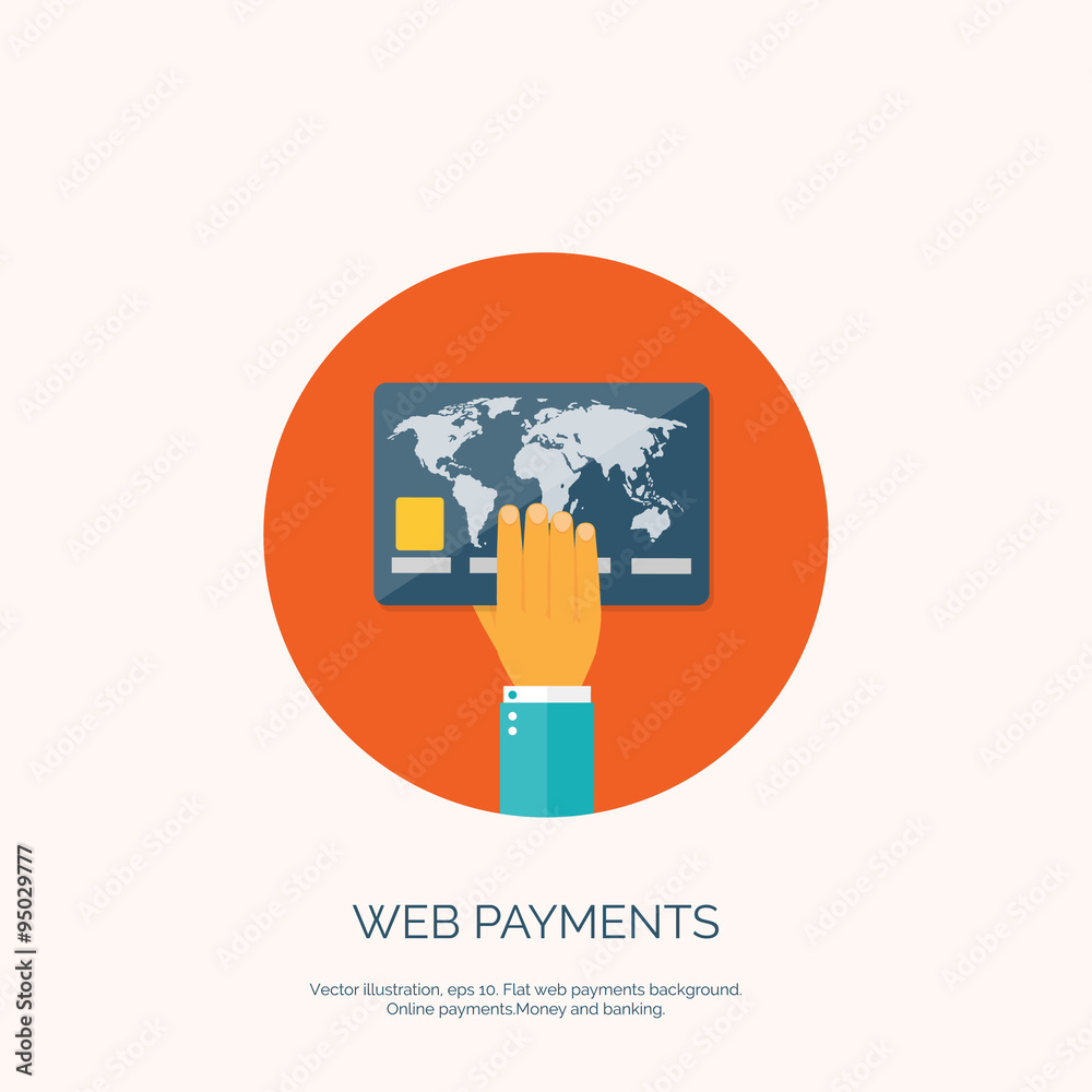 Vector illustration. Flat background with hand and bank card. Online banking. Internet shopping. Web store and pay per click Vector illustration. Flat background with hand and bank card. Online banking. Internet shopping. Web store and pay per click