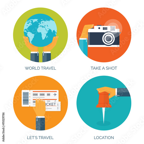 Free Download Vector illustration. Flat background with hand and tickets and earth globe. Travel by plane - GFXLoad