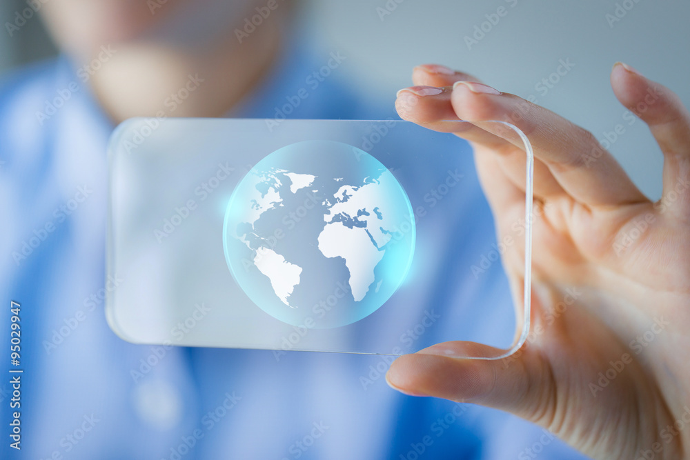 close up of woman with transparent smartphone close up of woman with transparent smartphone