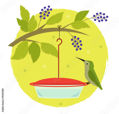 Hummingbird and Feeder - Cute clip art of hummingbird standing on a hummingbird feeder. Eps10