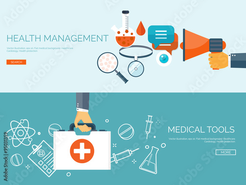 Vector illustration. Flat header. Medical background. First aid and diagnostic. Medical research and therapy. Global healthcare