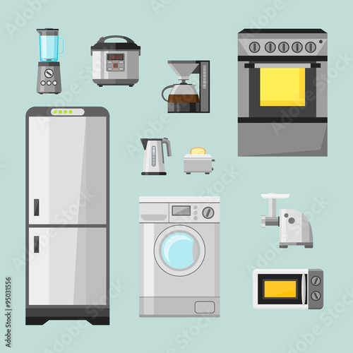 Kitchen appliances flat icons set. Set of cooking elements: electric kettle, toaster, fridge, microwave, coffee machine, blender, grinder, stove.