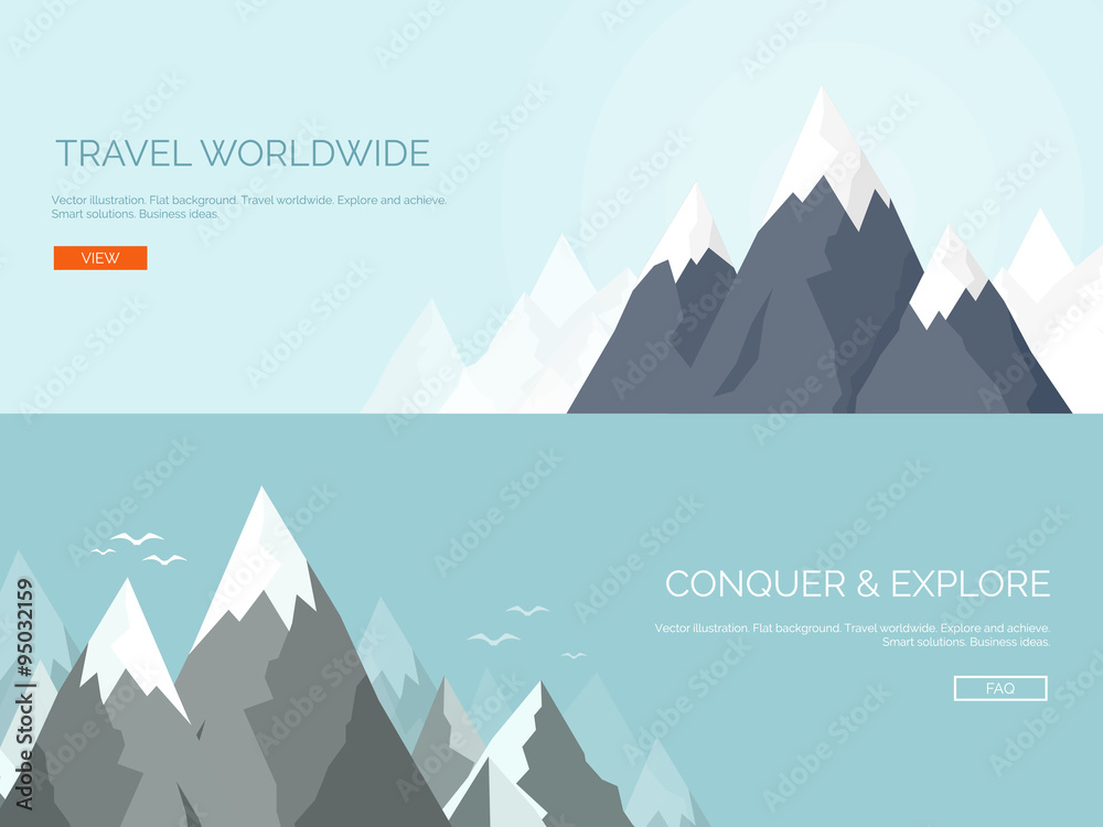 Vector illustration. Flat mountaines. Mission and achievement. Nature and travel. Success and smart solutions concept background