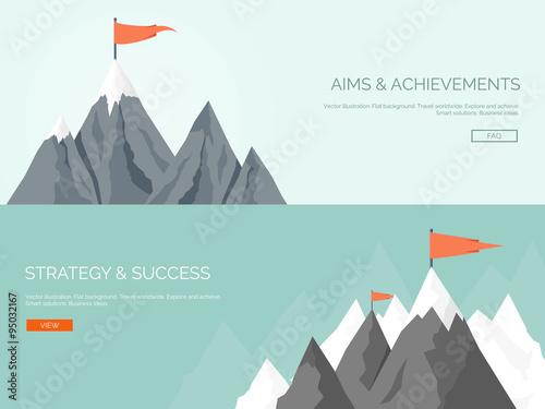 Vector illustration. Flat mountaines. Mission and achievement. Nature and travel. Success and smart solutions concept background