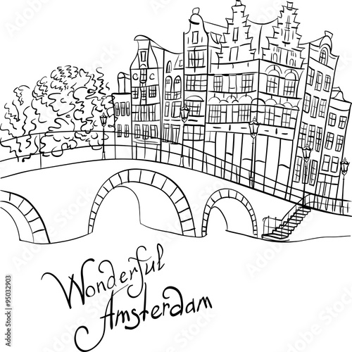 Vector city view of Amsterdam canal and bridge