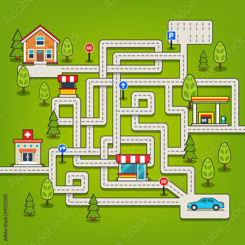 Maze game with roads, car, home, tree, gas station
