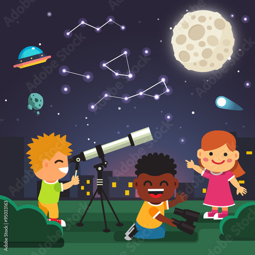Kids making telescope astronomical observations