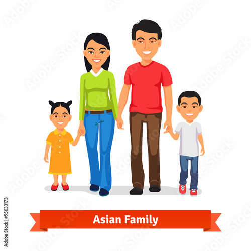 Asian family walking together and holding hands