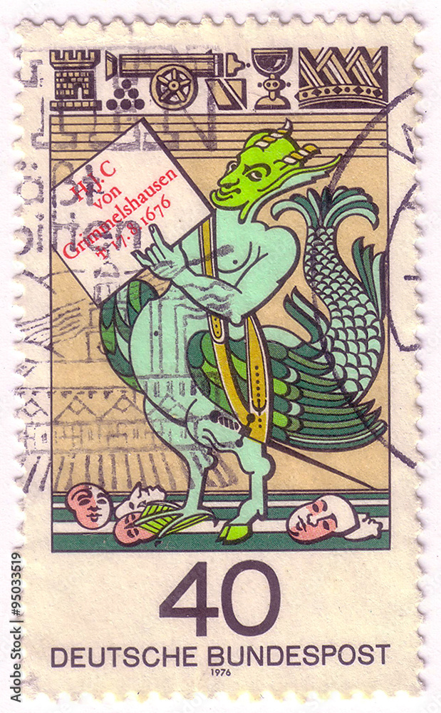 GERMANY - CIRCA 1976: A stamp printed in German Federal Republic shows Simplicissimus Teutsch, 300th Birth Anniversary of Johann Jacob Christoph von Grimmelshausen, Author, circa 1976