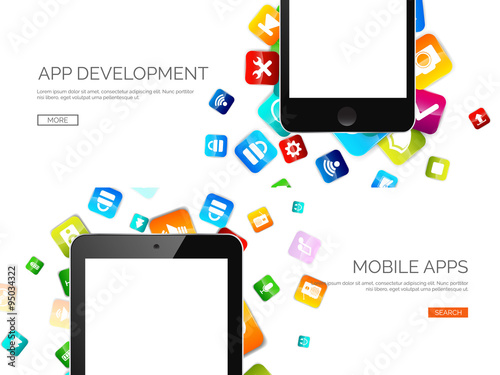 Vector illustration. Flat background with apps and realstic smartphone