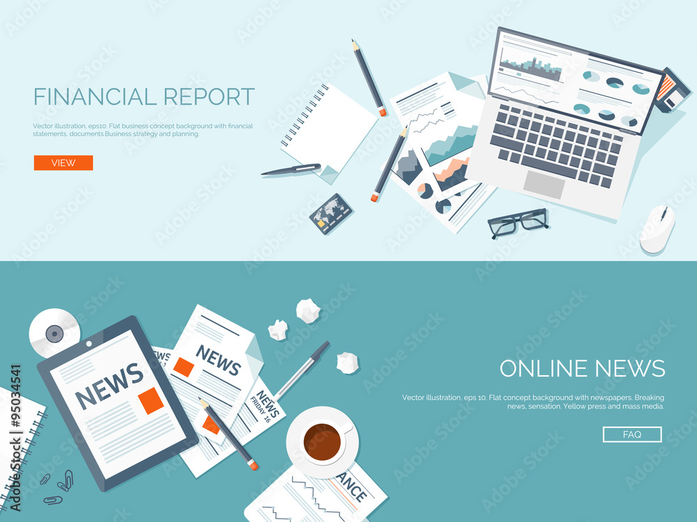 Vector illustration. Flat backgrounds set. Online news. Newsletter and information. Business and market news. Financial report