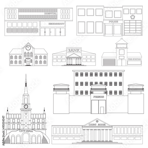 vector illustration of social buildings. set of 8 elements white with outlines