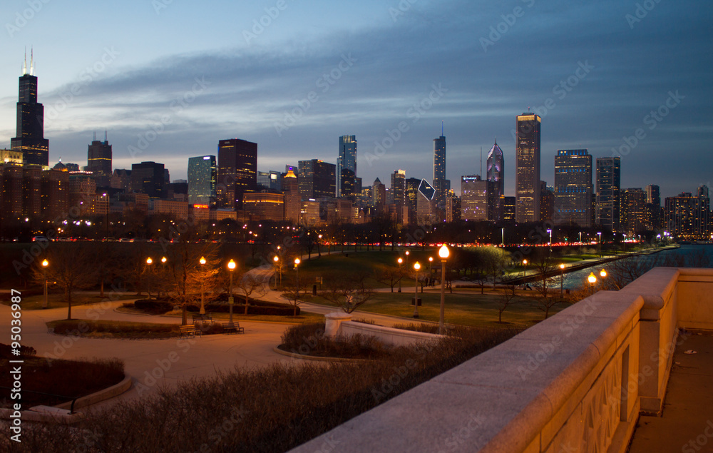 Fototapeta premium Chicago skyline view from museum campus at night