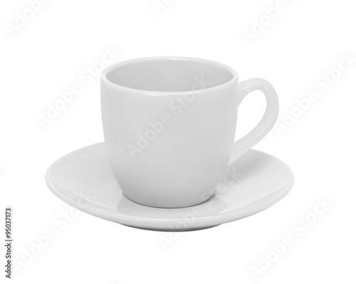 White cup and saucer isolated on white background