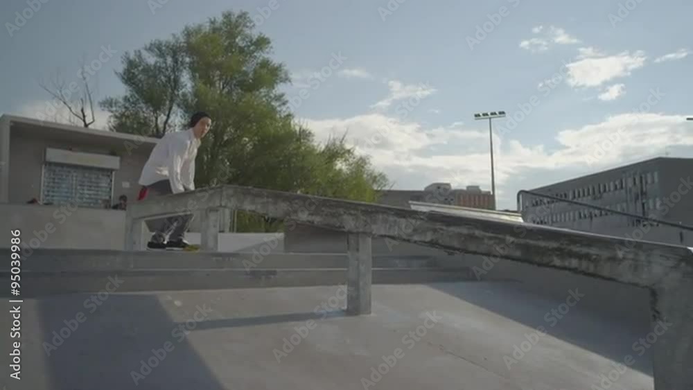 SLOW MOTION: Skateboarder boardslide on a rail SLOW MOTION: Skateboarder boardslide on a rail