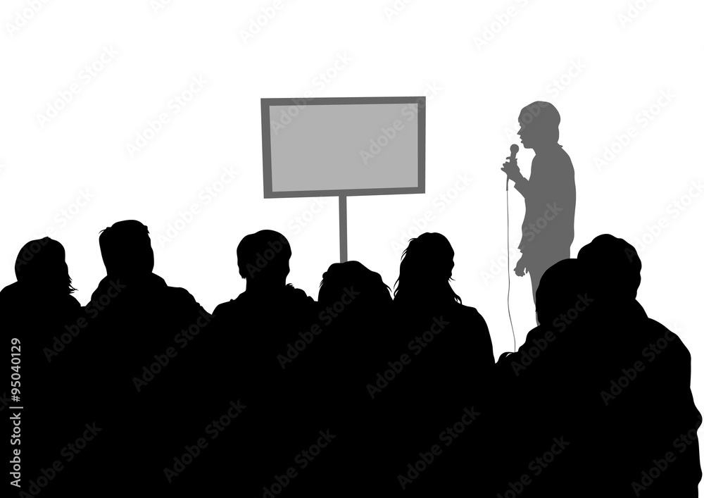 Crowd and speaker at presentation in office on a white background