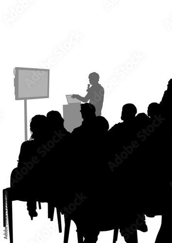 Crowd and speaker at presentation in office on a white background