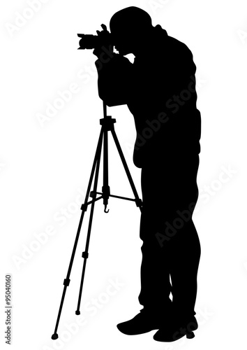 Journalist and tripod of video camera on white background