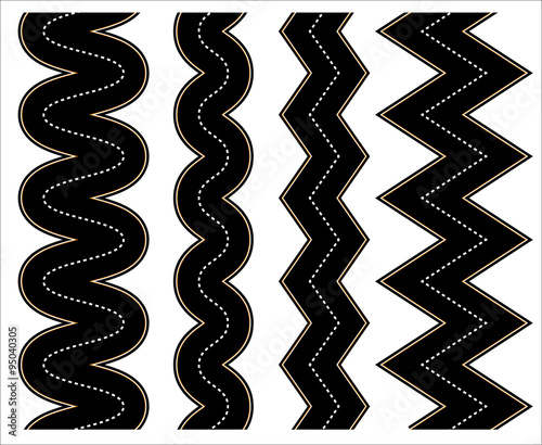 Set of wavy, zigzag roads on white