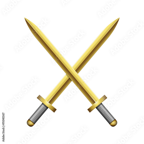 Two crossed golden swords on white background. Vector illustration 10 EPS