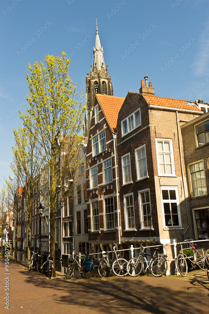 Historic Delft Market Square town centre with the Nieuwe Kerk (new church)