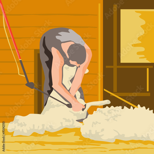 Farmer Farmworker Shearing Sheep WPA