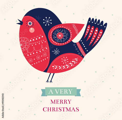 Christmas vector illustration with bullfinch.