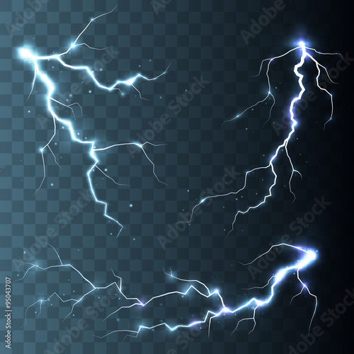 Set of lightnings. Thunder-storm and lightnings. Magic and bright lighting effects. Vector Illustration