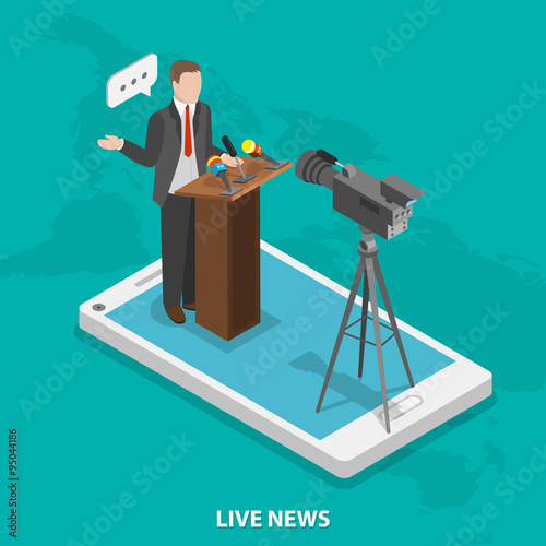 Live news flat isometric vector concept.
