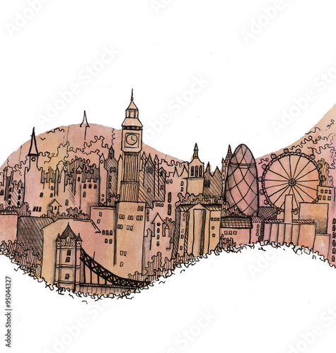 the panoramic view of the Warsaw city hand drawn outline building isolated on tne color background #95044327