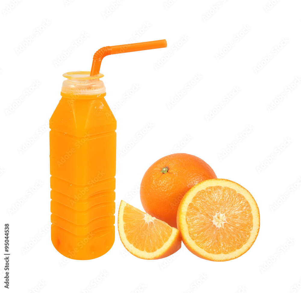 Orange fruit with Orange juice in plastic bottle on white backgr Orange fruit with Orange juice in plastic bottle on white backgr