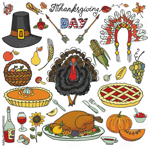 Thanksgiving day.Doodle icons colorful set